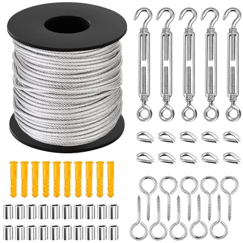 Yeqqzq 50M Wire Rope Kit, Stainless Steel Wire Cable, M5 Turnbuckle Tensioner, Metal Garden Wire for Outdoor, Garden, Kitchen, Craft with Turnbuckle