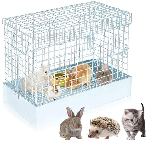 DoubleFill Folding One Hole Rabbit Transport Cage, 18 x 10 x 14 in Portable Rabbit Carrier with Tray and Handles for Travel Temporary Housing Indoor Outdoor Small Animal Enclosure