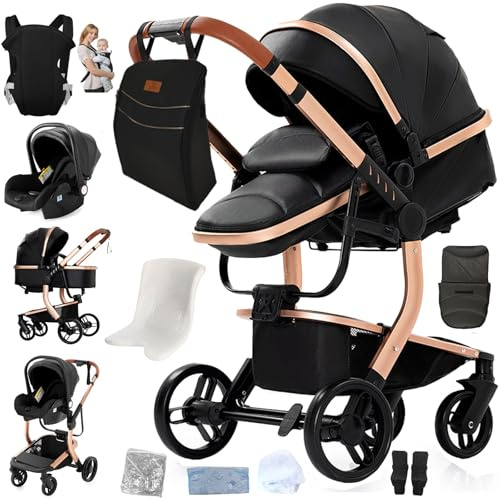 Magic ZC Barnvagn i PU-läder 3-i-1, buggy med vändbar tvåvägs dragkraft, kombibarnvagn vikbar bärbar one-click-design, barnvagn 3-i-1 komplett set med tillbehör (L518 svart)