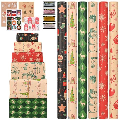 GuKKK 6 Rouleau Papier D'Emballage De Noël, 45×300cm Kraft Recyclable Papier d'Emballage Papier Cadeaux Imprimé avec Motif de Noël,Emballage des Papier Cadeaux, Décoration
