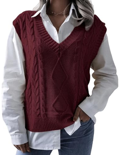 RWGSNB Gilet da Donna, Gilet Donna Maglia Senza Maniche Oversize con Scollo V Maglioni Maglia a Trecce Casual vestibilità Ampia Maglione Caldo Autunnale Pullover Vintage Canotta Bordeaux M