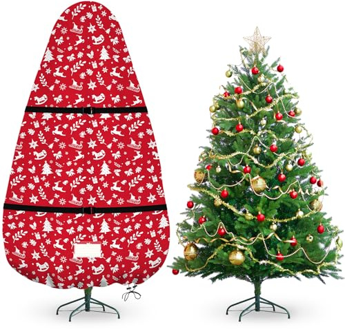 Yotako Christmas Tree Covers, Durable for Upright Storage Christmas Tree Cover Drawstring for up to 7.5 Foot Artificial Tree Standing with Ornaments, Buckle & Card Slot, Dustproof Red Print Design