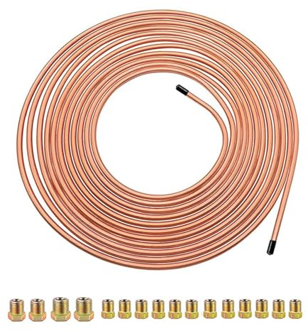 Tuyau de Frein en Cuivre 3/16 25ft/7,62m Ø4,75mm，Kit de Conduite Générale de Frein Replacement，Auto Tube Tuyau de Carburant et Frein pour Automobile，16 Raccords Inclus，Conduite de Rechang