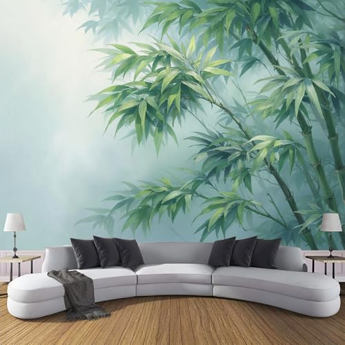 Papel Pintado De Mural Seda Bosque De Bambú Brumoso, Fotomurales Estilo De Acuarela Asiático 300x210cm, Decoración De La Pared Murales Para Salón Dormitorio Habitación