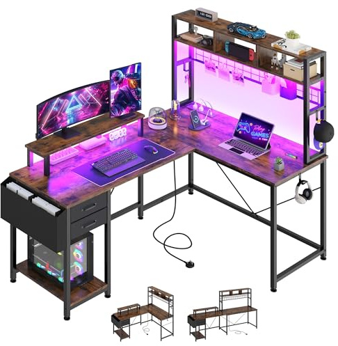 YITAHOME L Shaped 150cm Gaming Desk with Drawers Shelves LED Power Vintage