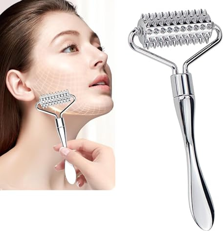 Rodillo Facial Gua Sha, Rodillo De Masaje Facial Con Microagujas, Plata