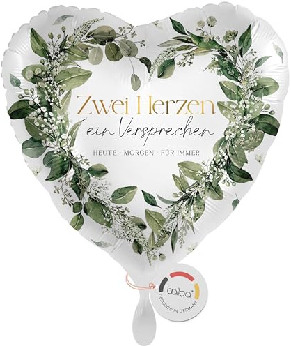 balloa Folienballon Hochzeit Zwei Herzen ein Versprechen Herz, Helium Ballon, Luftballon für Hochzeitsdeko Partydeko, Geschenk zur Hochzeit Brautpaar, Greenery Wedding Deko Feier, 33cm