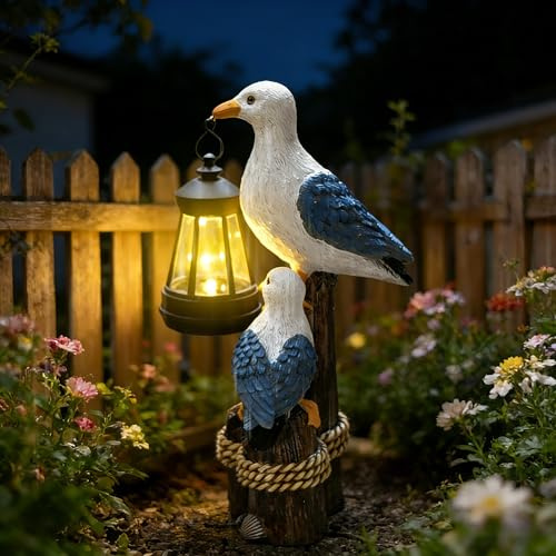 Tuzsocr Solar Möwe Gartenfigur mit LED Laterne, Kunstharz, Maritim, Stil 1 | LED-Laterne leuchtet automatisch bei Dunkelheit, wasserdicht für Garten und Terrasse, ideal als maritimes Geschenk