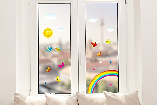 Pixblick Fenstersticker - Regenbogen mit Vögeln, Schmetterlingen und einer Sonne fürs Kinderzimmer I Made in Germany I Wiederverwendbar