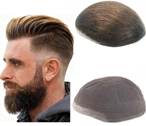 NLW Full Lace Mens Toupee, Swiss Lace Base European Straight Human Hair Replacement System, Hair Unit for Men Base 10x8 #4 Light Brown
