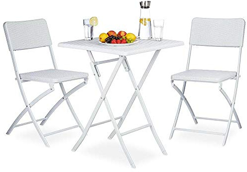 BAKAJI Set aus Tisch + 2 Klappstühlen, Gartenmöbel, aus Polyrattan, weiß, Rattan, Metall, Standard