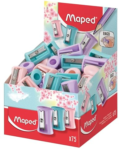 Maped - Material Escolar - Sacapuntas Vivo Pastel - Expositor con 75 Sacapuntas - Tienen 1 Orificio para Afilar - Tamaño Compacto para el Estuche - Diseño Ergonómico - 3 Colores Diferentes