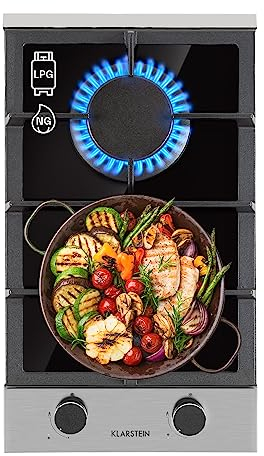 Klarstein Gas Cooker, 2 Burners Gas Hob, 4.2 kW Built In Two Ring Electric Hob, Campervan Cooktops Cookers, Stainless Steel Glass Top Wok Burner, 2 Ring Kitchen Stoves