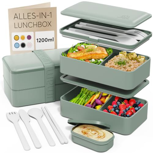 Umami Bento Box Adult All-in-1 w/4 Utensils, Green, 1200 ml