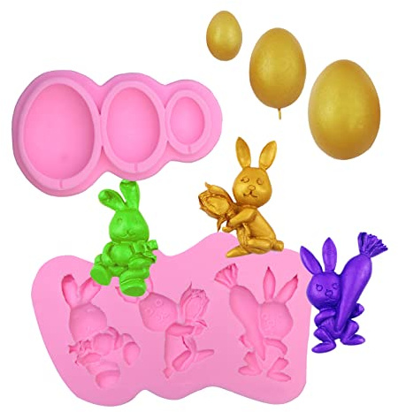 Stampi in silicone per uova di cioccolato pasquale, (2 confezioni), stampi in silicone a forma di coniglietto, con 3 uova di diverse dimensioni, 3 conigli diversi, per decorazioni per torte pasquali