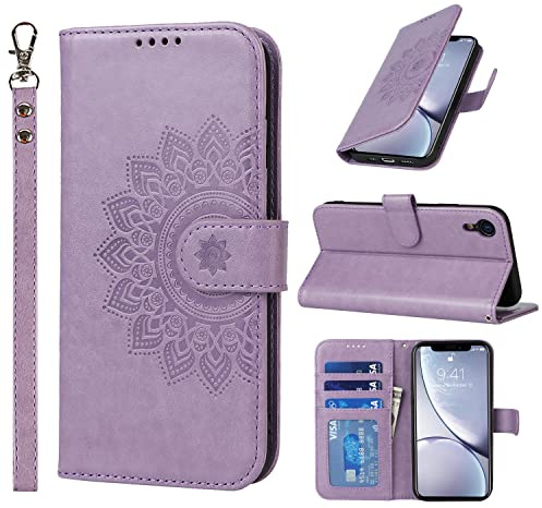 ELTEKER Handyhülle für iPhone XR, Hülle iPhone XR Klapphülle, [3 Kartenfächer] [Magnet Verschluss] Eleganter Prägung schutzhülle Ledertasche Hülle für iPhone XR, Violett