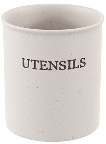 KooK Large Utensil Crock for Kitchen Counter, Ceramic Utensil Holder, Heavy & Stable Caddy, Farmhouse Decor, Matte Speckled Stoneware, Cream, 6 inch, Dishwasher Safe