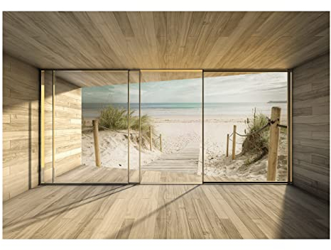 WallArena - Vlies Fototapete Strand Meer Fenster mit Aussicht Ostsee Brücke 368x254 cm - Fototapeten - Tapeten - für Wohnzimmer Schlafzimmer - Vliestapete Wandtapete Tapete 3D Effekt- inkl. Kleister
