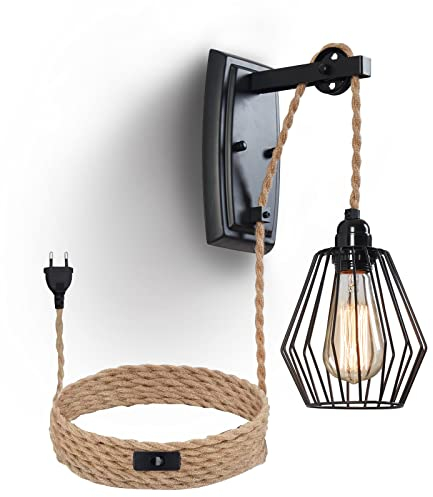 ENCOFT Wandlampe mit Schalter und Stecker E27 Schwarz Wandleuchte Innen mit Rollen Wandleuchte mit Kabel 4M Wandbeleuchtung Wohnzimmer Schlafzimmer（Ohne Leuchtmittel）