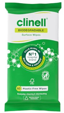 Clinell Universal Biodegradable Cleaning and Disinfectant Wipes for Surfaces - Pack of 1 - 60 Wipes per Pack- Plastic Free - Multi-Purpose Wipes
