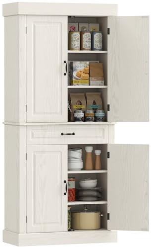 HOMCOM Kitchen Cupboard with 4 Doors, Freestanding Storage Cabinet with Wide Drawer and Shelves for Living Room, 180cm, White Wood Grain