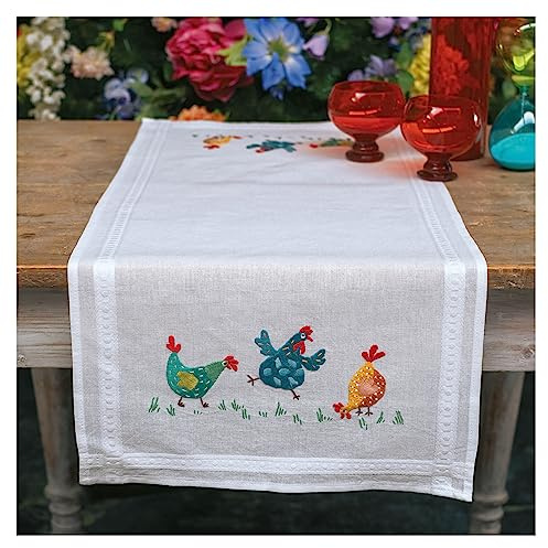 Vervaco Stickpackung Tischläufer Sticken Set Erwachsene Vorgedruckt bunte Hühner Stickläufer zum Selbersticken Vorgezeichnet Decke Sticken Stickpackung Plattstich 40 x 100 cm Kreatives Geschenk