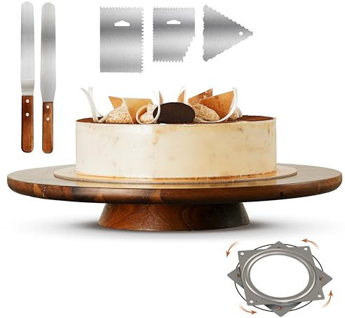 TIDITA 33 cm Tortenständer aus Akazienholz drehbar,Rustikales Tortenständer Set Plattenspieler mit 2 Zuckerguss-Spateln, 3 Glättern,Verwendung auf Partys, Hochzeiten
