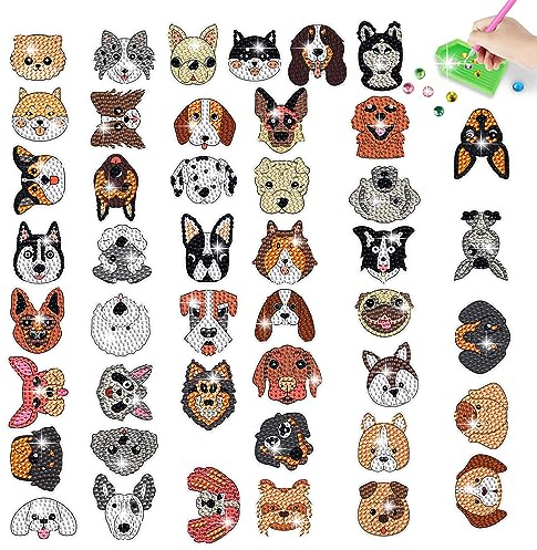 Jodsen 45 Pcs Cartoon Diamond Paintings Sticker Set Pet Dog DIY 5D Diamond Art Mosaic Stickers Diamond Paintings Stickers by Number for Kids Adult Beginners (StyleA)
