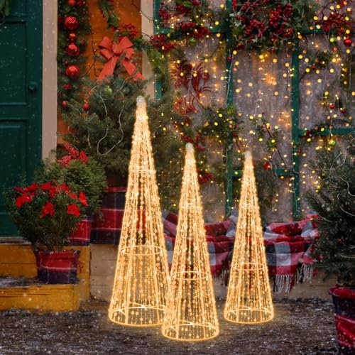 GYMAX Beleuchteter Weihnachtsbaumset in Kegel Form, Weihnachtsdeko 62/72/81 cm, glühende Weihnachtsdekoration mit 90 Glühbirnen & 6 Bodenspikes, Weihnachtsbeleuchtung für außen & innen