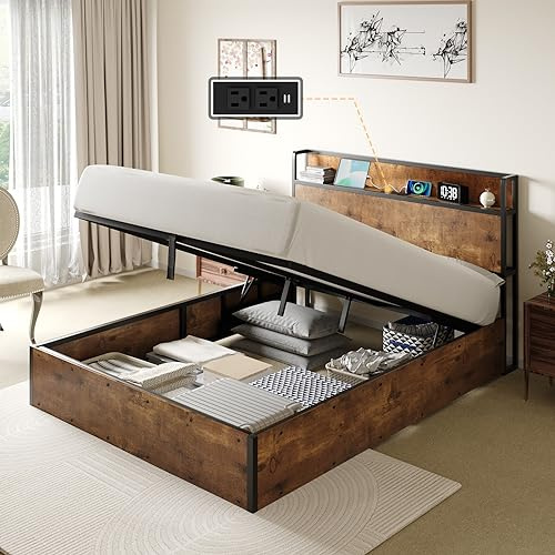 AMERLIFE Full Size Lift Up Storage Bed Frame, Wooden Platform Bed Frame with Lifting Storage & Charging Station, No Spring Box Needed/Noise Free, Rustic Brown
