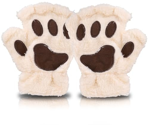AffeGifts kattassar handskar cosplay, plysch Therian handskar fina halvfinger katthandskar fingerlösa handskar damer vinterhandskar för kvinnor och tonåringar flickor, Beige, 18*13*3cm