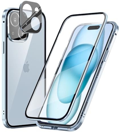 MIMGOAL Hülle für iPhone 15 360 Grad Magnetisch Transparent Blau | Gehärtetes Glas vorne und hinten, Magnetischer Edelstahlrahmen, Integrierter Kameraschutz, Präzise Ausschnitte