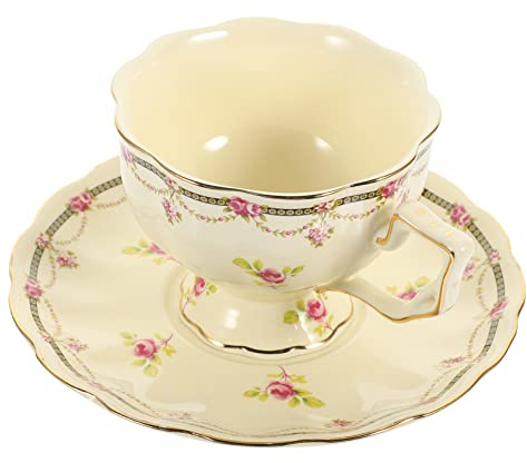 PRETYZOOM Set Tazza Da Caffè Piattino in Ceramica Vintage, Tazza Da Latte Decorativa Manico, Resistente e Stabile Per Uso Domestico, Ufficio e Ristorante, Design Classico Base Antiscivolo