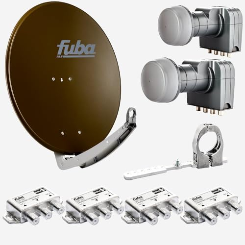 Fuba Sat Anlage 4 Teilnehmer - 2 Satelliten (z.B. Astra/Hotbird) | DAA 780 B Satellitenschüssel 80cm Alu braun (Testergebnis: ausgezeichnet)* + 2X Quad LNB + Multifeedschiene + 4X DiSEqC-Schalter