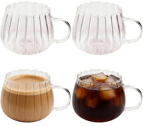LUATSDAR 12 oz Glass Coffee Mugs Set of 4, Drinking Glasses with Transparent Handle, Clear Glass Cups for Hot or Cold Drinks like Cappuccino, Latte, Cocoa, Milk, Tea