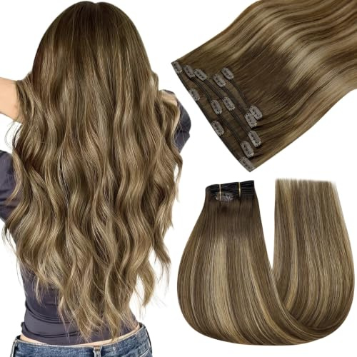 Easyouth Ombre Clip in Extension Echthaar Braun Echthaar Clips Extensions Dunkelbraun Balayage Honigblond Clip in Haarverlängerungen Echthaar Unsichtbar #4/27/4 5Pcs 55 cm 70g