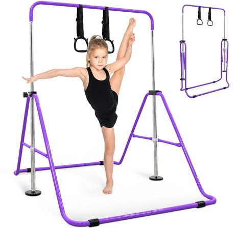 KAYMAN Foldable Gymnastics Horizontal Bar with Hand Protection Wrap, Adjustable Height & Feet - Durable Iron Equipment for Flexibility Training, Compact & Stylish (Purple, Small (90-130cm))