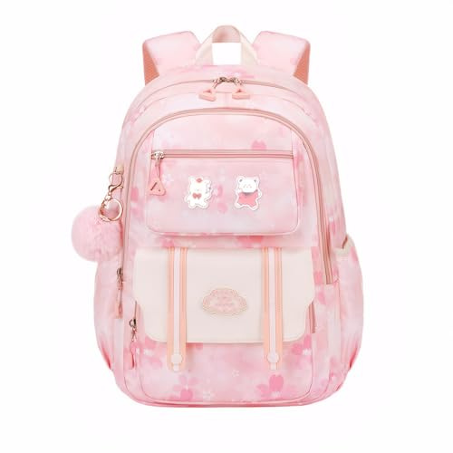 Tanou Zaino Scuola Elementare Bambina, Zaini per Ragazze di Grande Capacità, Zaino Bambina Elementari Kawaii Traspirante con Ciondolo, Rosa