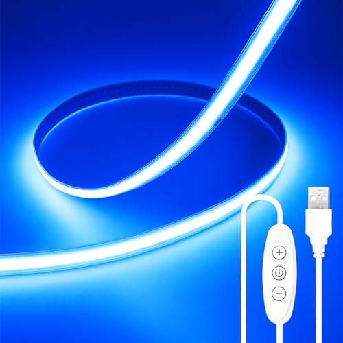 ShineBurky 5V USB COB LED Strip Blau, 2M LED Streifen Dimmbar 640LEDs | Breite 8mm, 3M Selbstklebend Dimmbar Lichtband CRI93+ Flexible für Küche, Schlafzimmer, TV, Schrank, Treppe