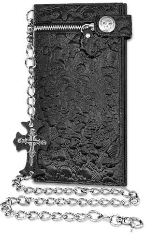 Girinme Long Chain Wallet Leather Skull Gothic Punk Bifold Halloween Goth Accessories,Unisex - Midnight Black