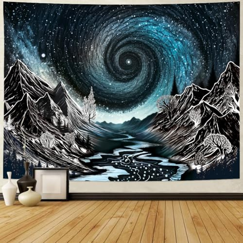 Maccyafst Black and White Mountain Tapestry Trippy Galaxy Stars Tapestries Magical Starry Night Tapestry Sketched Forest Trees Wall Hanging Nature River Landscape Background for Bedroom