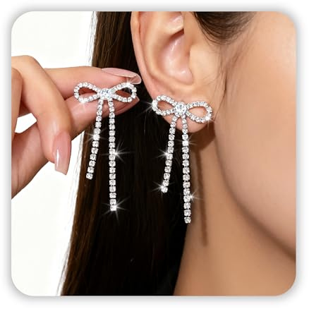 DAYANEY Bow Earrings Silver Prom Rhinestone Earrings, Sparkly Dangling Silver Prom Jewelry as Drop Dangle Rhinestone Bow Earring, Ribbon Earings as Wedding Statement Earing Jewelry for Women