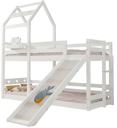 Qiang Litera Infantil 90X200Cm para 2 Niños,Cama Alta con Tobogán Y Escaleras, Estructura De Cama De Madera con Protección contra Caídas Y Somier,Color Blanco