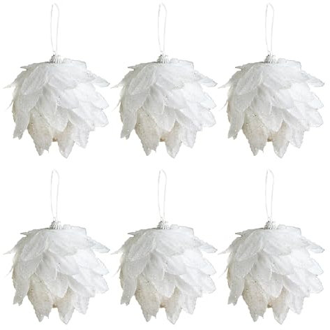 6 Stück Weihnachtskugel-Ornamente, Weiße Glitzernde Tannenzapfen-Kugel-Set, Schaumstoff-Hängekugeln mit Blütenblatt für Weihnachten, Party, Urlaub, Hochzeit, Heimdekoration (A)