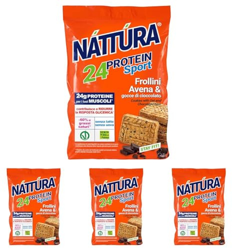 NATTURA PROTEIN SPORT Frollini Avena con Gocce di Cioccolato, Biscotti Proteici Senza Latte e Uova, Biscotti per Sportivi, 24% di Proteine, 200g (Confezione da 4)