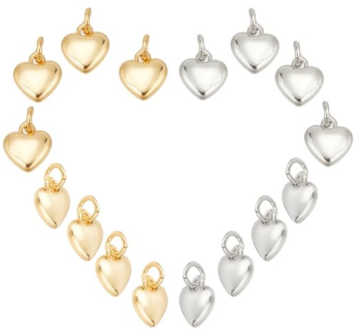 GOMAKERER 16 Stück 18K Vergoldete Herzanhänger 2 Farbe Messing Herz Anhänger 3D Herz Baumeln Anhänger Charms Mit Biegering Für Armbänder Halskette Schmuckherstellung Gold Silber
