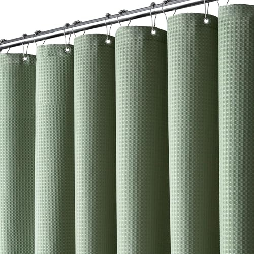 BTTN Duschvorhang Waffelstruktur 180x180 cm wasserdicht, Grün/Salbeigrün | 12 Plastikhaken, Rückseitig Laminiert Wasserdicht, Waffelstruktur, Anti-Schimmel, Beschwerter Saum, Waschbar Textil Stoff