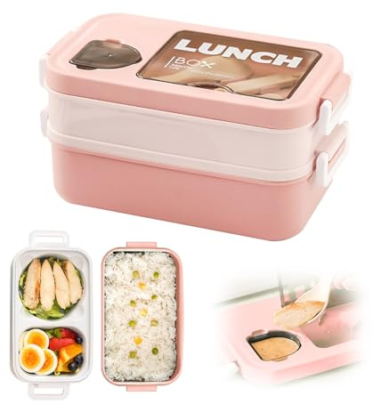 Lunch Box 2 Layers - Porta Pranzo Umami con Barattoli di Salsa e Utensili - Bento Box Riscaldabile Adatto a Microonde - Portapranzo Ermetico Ideale per il Ufficio la Scuola e in Viaggio (Rosa)