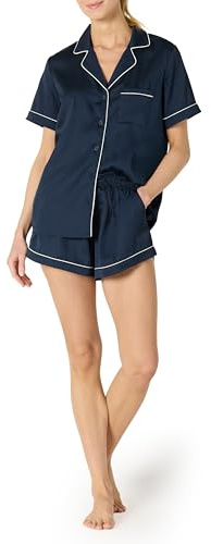 Amazon Essentials Women's Satin Short Sleeve Button-Down Top and Short Sleepwear Pajama Set, Navy, Large