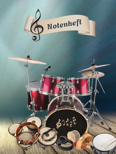 Notenheft Schlagzeug DIN A4 Notenbuch Xylophon Musikunterricht Trommeln Notenlinienheft Große Lineatur Glockenspiel Maracas Glocken Triangel Zimbel ... Notensysteme Rasseln Musiker Gongs B05B